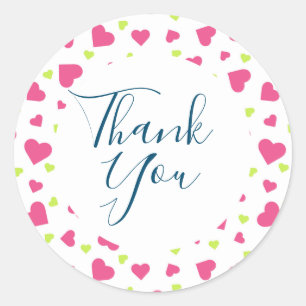 Cute Pink and Green Tumbling Hearts Pattern Thanks Classic Round Sticker