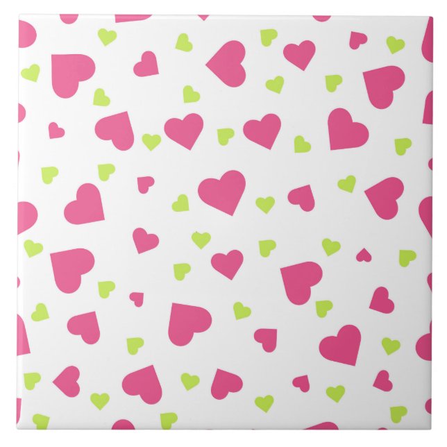Cute Pink and Green Tumbling Hearts Pattern Tile (Front)
