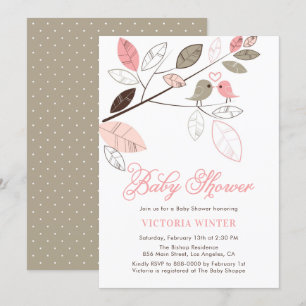 Cute Pink and Grey Birds Botanical Baby Shower Invitation