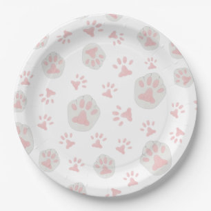 Cute Pink and Grey Cat Paw Pattern Paper Plates