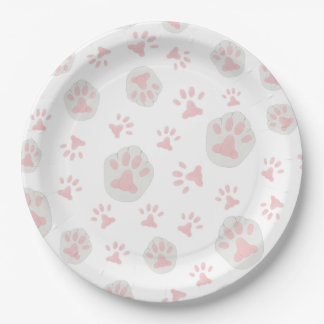 Cute Pink and Grey Cat Paw Pattern Paper Plates