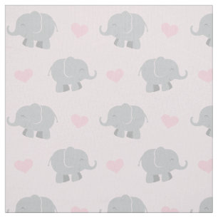 Cute Pink and Grey Elephants and Hearts Pattern Fabric
