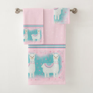 Cute pink and mint llama pattern bath towel set