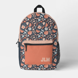 Cute Pink and Navy Blue Floral Pattern Monogram Printed Backpack