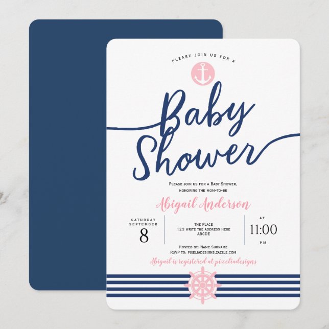 Cute, Pink and Navy Blue, Nautical, Baby Shower Invitation (Front/Back)