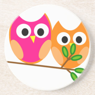 Cute Pink and Orange Owls in Tree Coaster