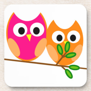 Cute Pink and Orange Owls in Tree Coaster