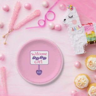Cute Pink and Purple Baby Girl Shower Signpost Paper Plate