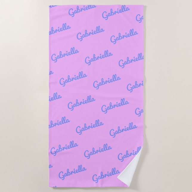 Cute Pink and Purple Personalized Script Name Beach Towel (Front)