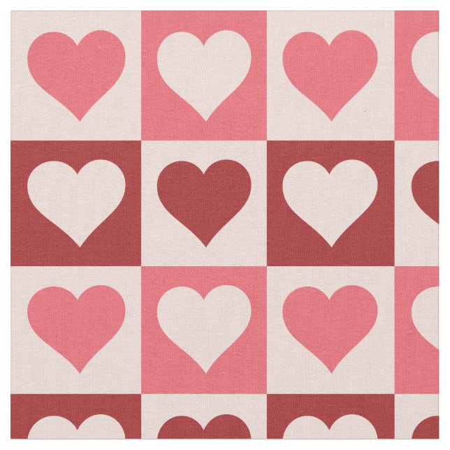 Cute Pink and Red Chequered Hearts Pattern Fabric (Close Up)