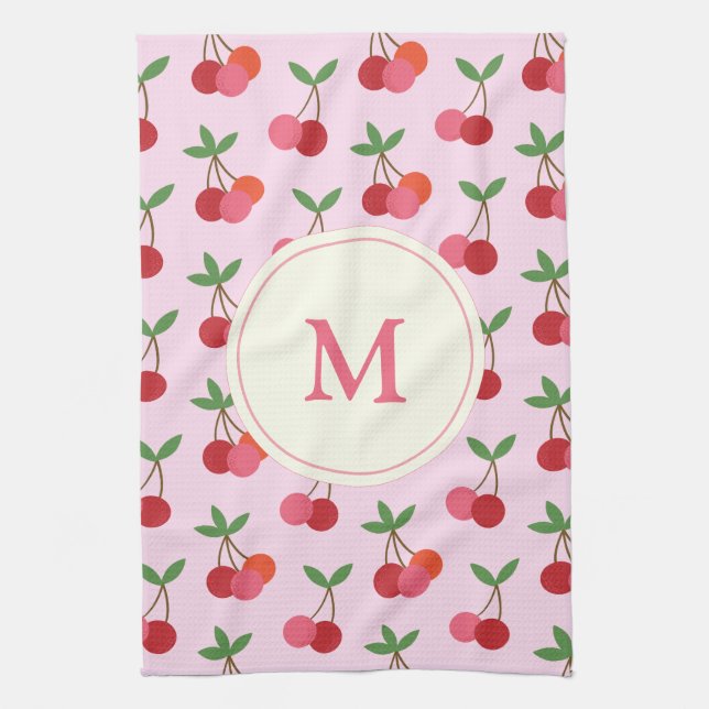 Cute Pink and Red Cherries Pattern Custom Monogram Kitchen Towel (Vertical)