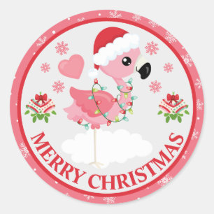 Cute Pink and Red Christmas Flamingo Winter Classic Round Sticker