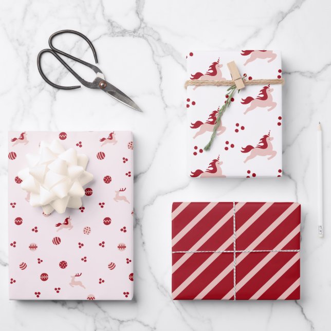 Cute Pink and Red Doodles with Unicorns Pattern Wrapping Paper Sheet (Front)