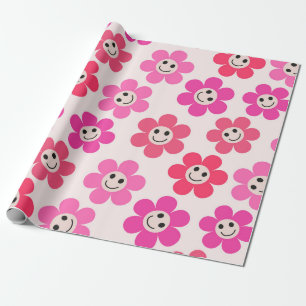 Cute Pink and red Smiling Flowers Pattern  Wrapping Paper