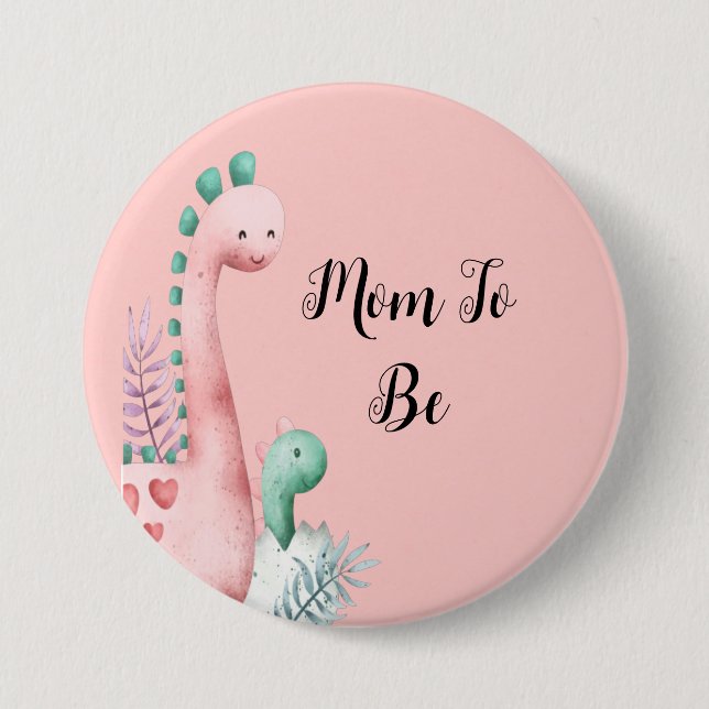 Cute Pink and Teal Dinosaurs Baby Shower Mom To Be 3 Inch Round Button (Front)