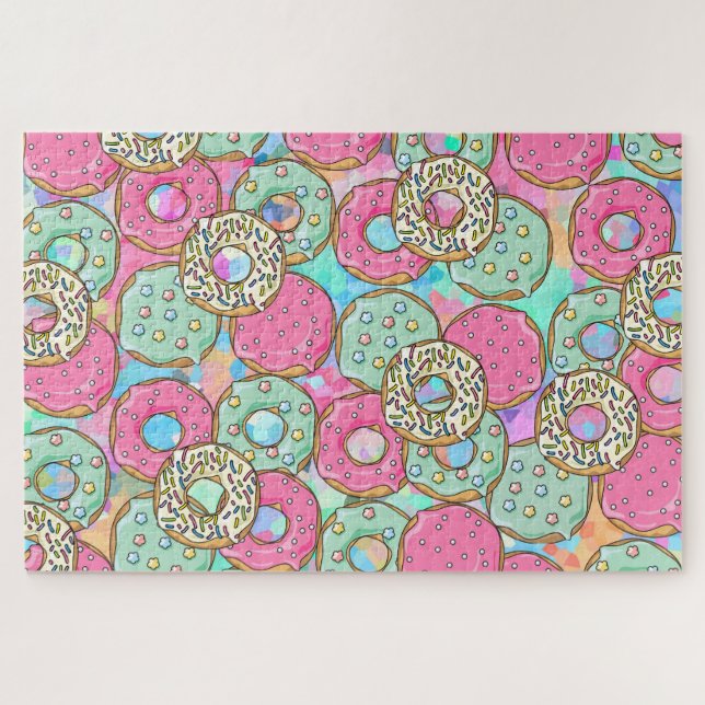 Cute Pink and Teal Doughnuts Art Jigsaw Puzzle (Horizontal)