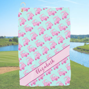 Cute pink and teal golf cart personalized name towel