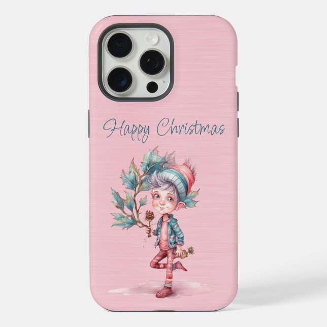Cute Pink and Turquoise Christmas Elf iPhone Case (Back)
