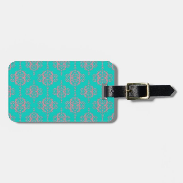 Cute Pink and Turquoise Damask Pattern Luggage Tag (Front Horizontal)