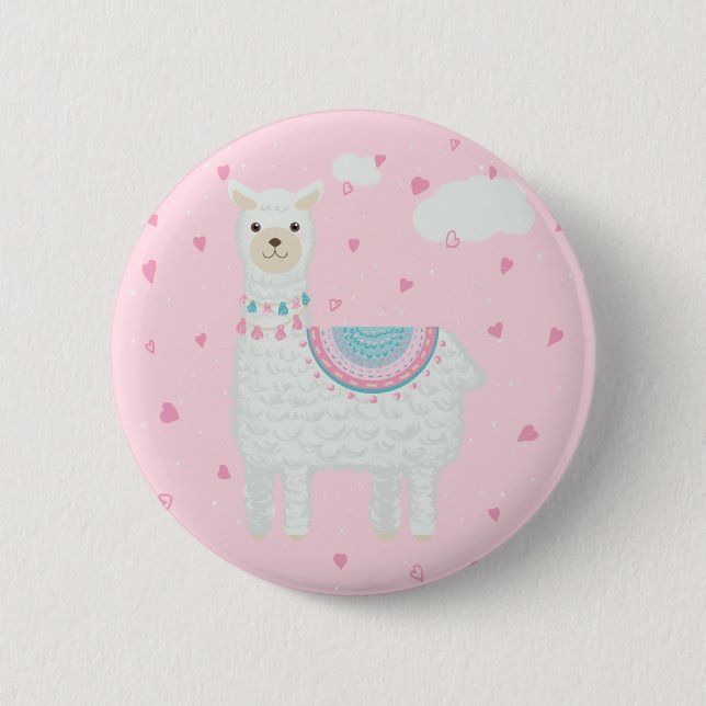 Cute Pink and Turquoise Llama 2 Inch Round Button (Front)