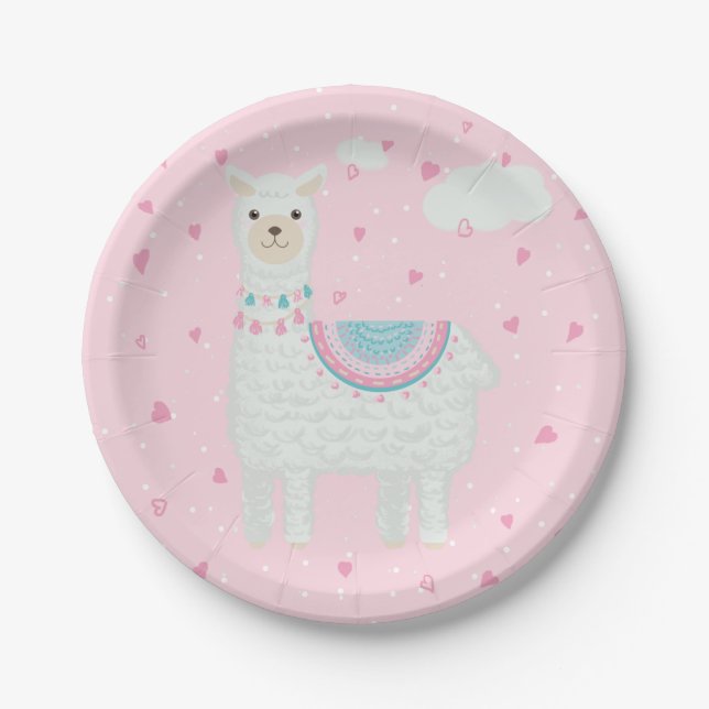   Cute Pink and Turquoise Llama  Paper Plate (Front)