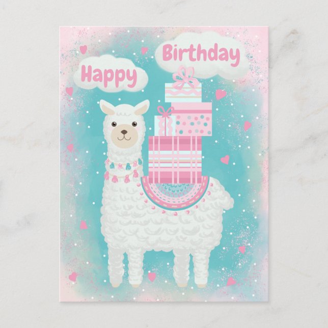 Cute pink and turquoise llama with gifts postcard (Front)
