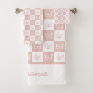 Cute Pink and white butterfly pattern personalized Bath Towel Set