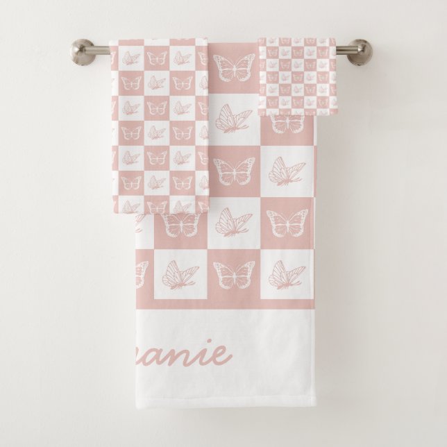 Cute Pink and white butterfly pattern personalized Bath Towel Set (Insitu)