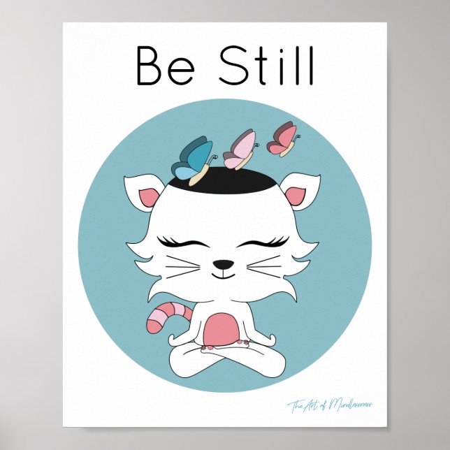 Cute Pink and White Cat in Meditation Poster (Front)