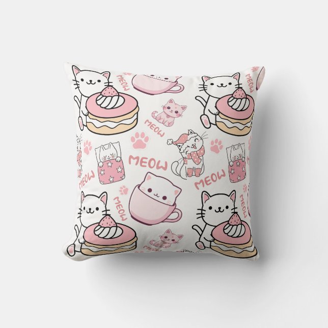 Cute Pink and White Cat Lovers Pillow (Front)