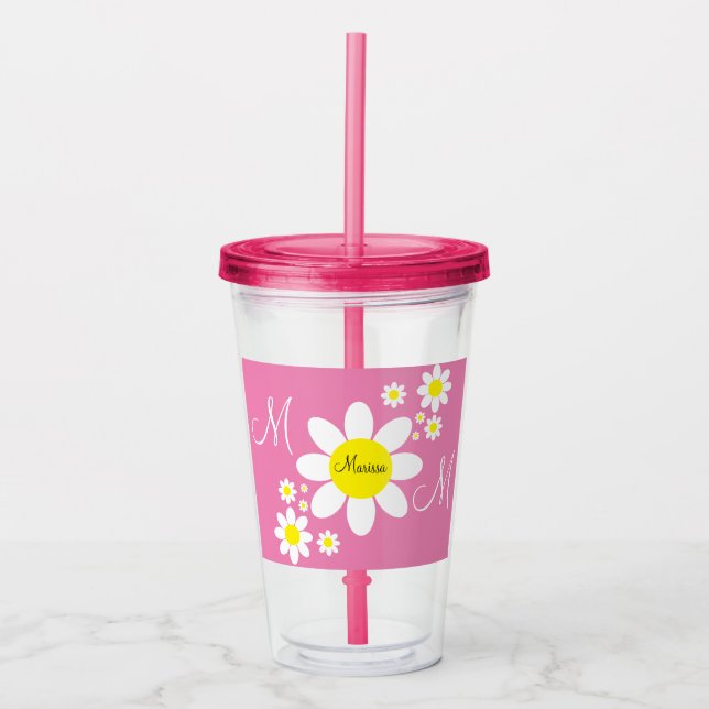 Cute Pink and White Daisies Floral Custom Name Acrylic Tumbler (Front)