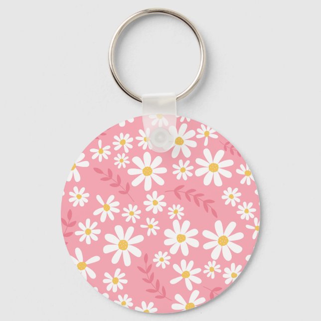 Cute Pink and White Daisy Floral Seamless Pattern Keychain (Front)