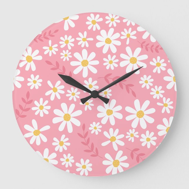 Cute Pink and White Daisy Floral Seamless Pattern Large Clock (Front)