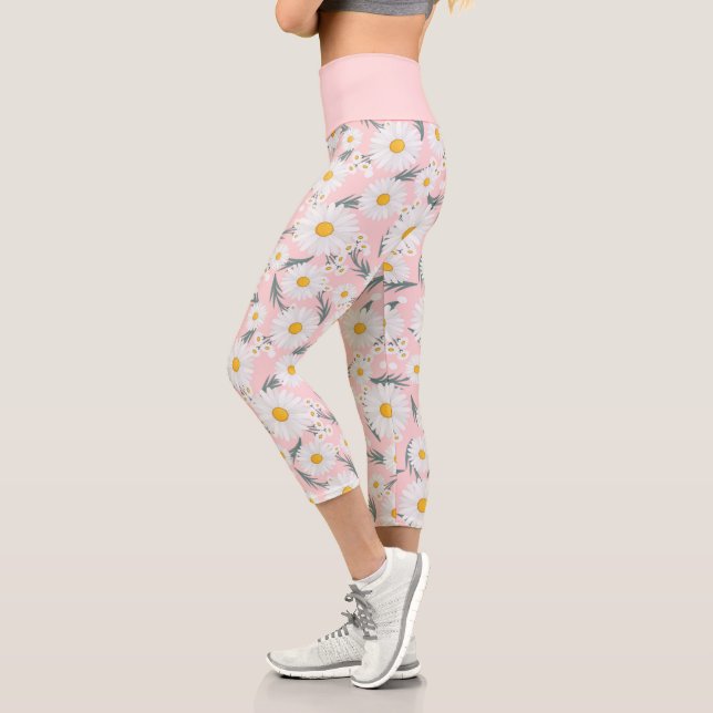 Cute Pink And White Floral Daisy Capri Leggings (Left)