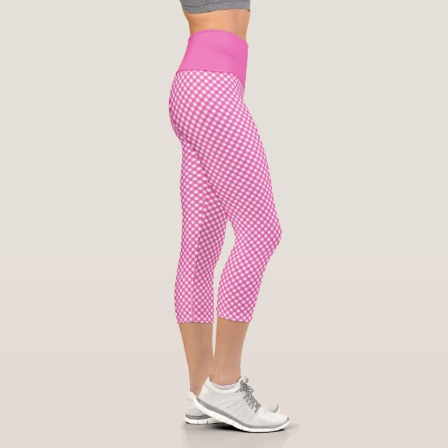 Cute Pink and White Gingham Pattern Capri Leggings (Right)