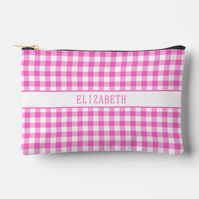 Cute Pink and White Gingham Plaid Pattern Accessory Pouch (Front)