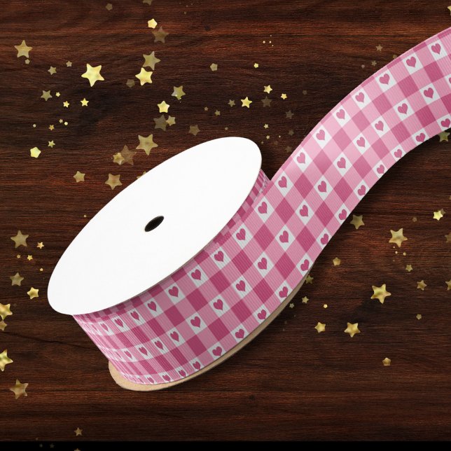 Cute Pink And White Heart Gingham Buffalo Plaid   Grosgrain Ribbon (Creator Uploaded)