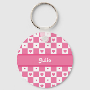 Cute Pink and White Heart Pretty Squares With Name Keychain