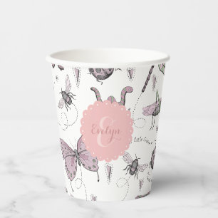 Cute Pink and White Insects Monogram Paper Cups