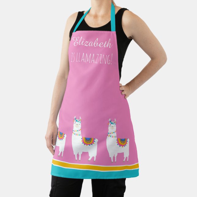Cute Pink and White Llama Personalized Apron (Insitu)