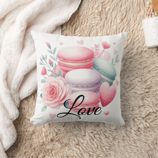Cute Pink and White Macaron & Hearts Love Throw Pillow (Blanket)