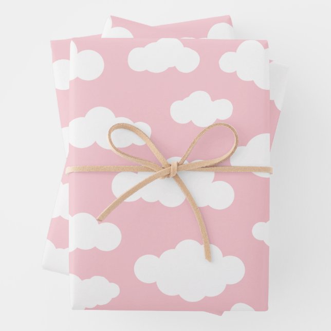 Cute Pink and White Pastel Clouds  Wrapping Paper Sheet (In situ)