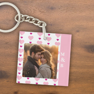 Cute Pink and White Photo Couple Monogram Keychain