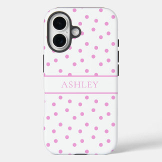 Cute Pink and White Polka Dot Personalized Name iPhone 16 Case