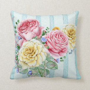 Cute Pink And Yellow Roses With Stripes Throw Pillow