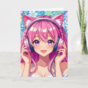 Cute Pink Anime Girl with Headphones Birthday Card