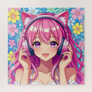 Cute Pink Anime Girl with Headphones Jigsaw Puzzle