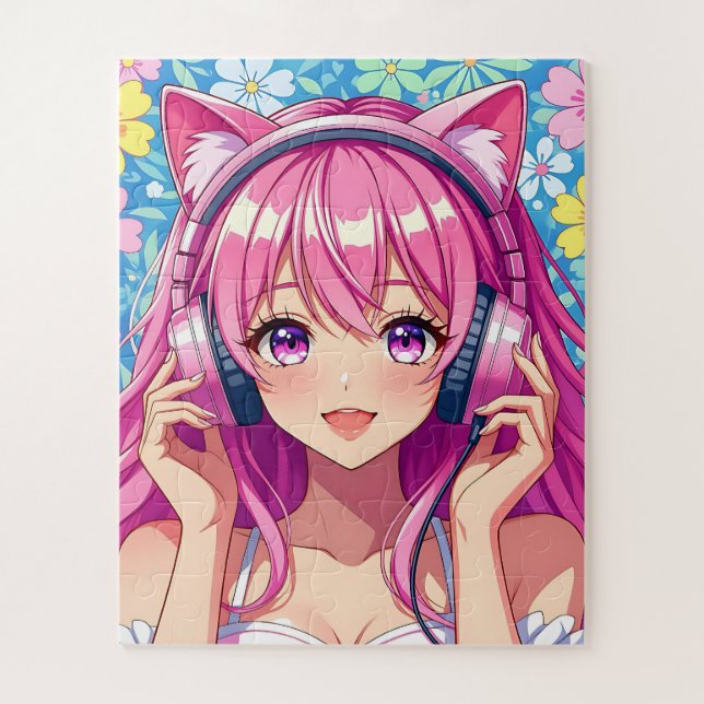 Cute Pink Anime Girl with Headphones Jigsaw Puzzle (Vertical)