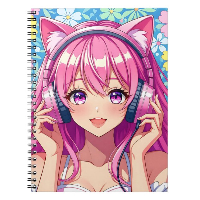 Cute Pink Anime Girl with Headphones Notebook (Front)