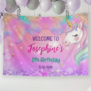 Cute pink aqua unicorn birthday  banner